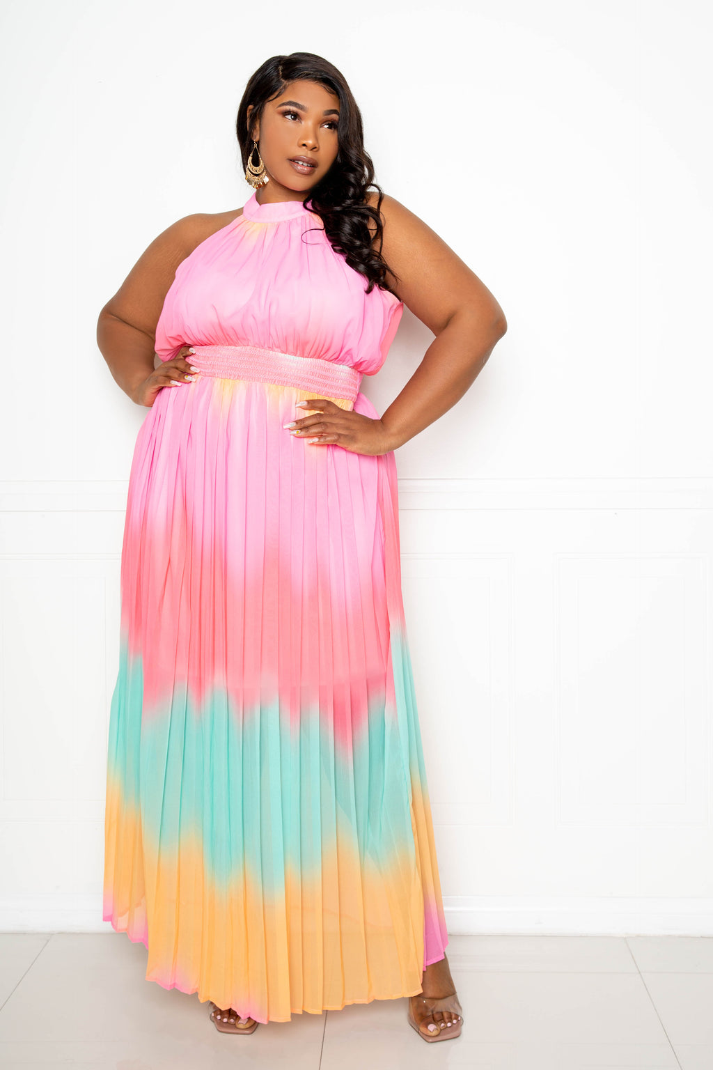 Tiered knit maxi dress in rainbow store wide stripe