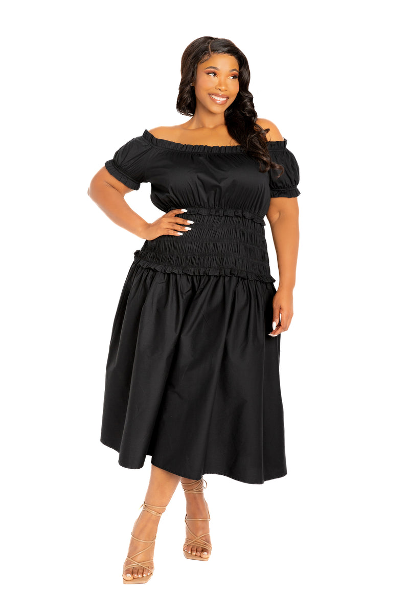 Off Shoulder Smocked Midi Dress