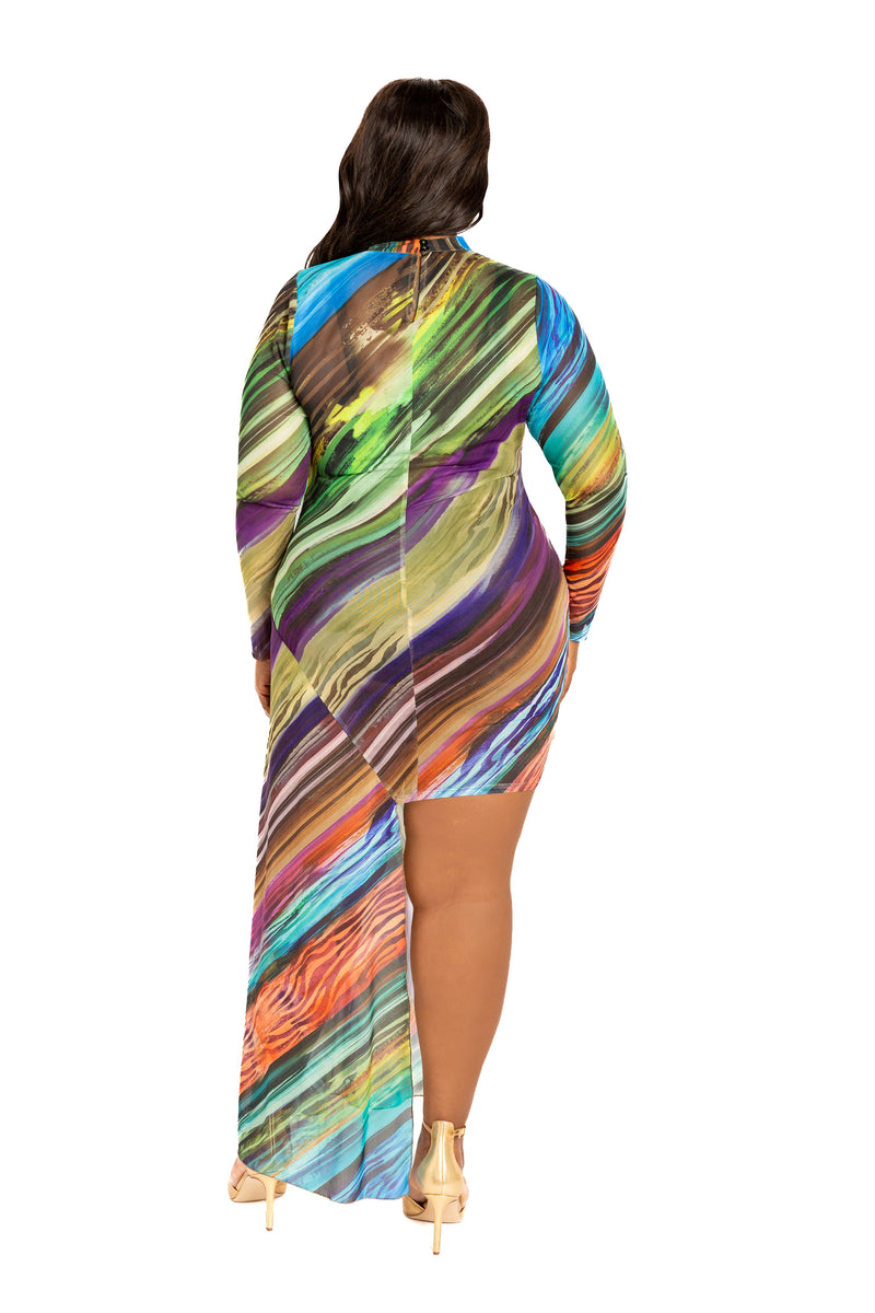 Printed Asymmetrical Long Sleeve Mesh Dress