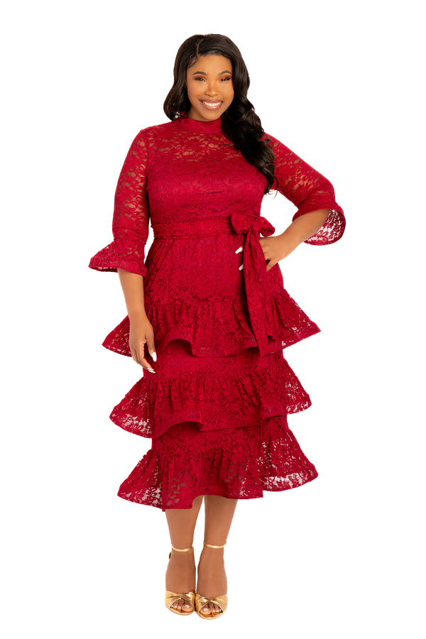 Lace Bell Sleeve Tiered Dress