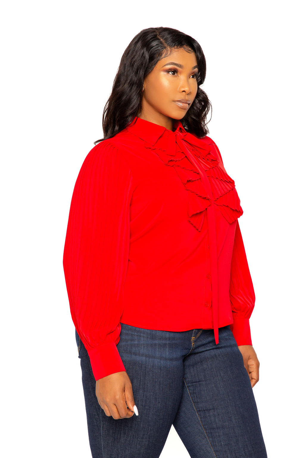 Tie Neck Pleated Sleeve Blouse – Buxom Couture