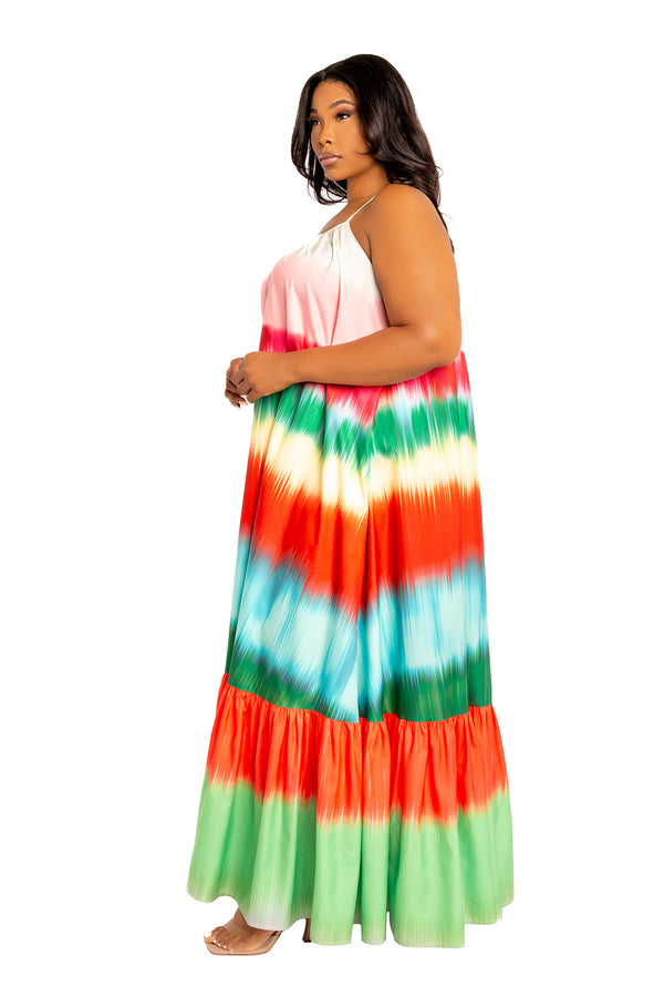 Buxom Couture Curvy Women Plus Size Ombre Stripe Voluminous Maxi Dress Multi