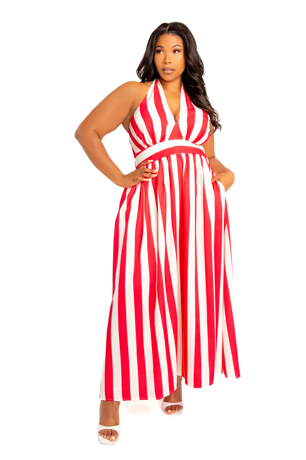 Buxom Couture Curvy Women Plus Size Stripe Halter Neck Maxi Dress Red Stripe