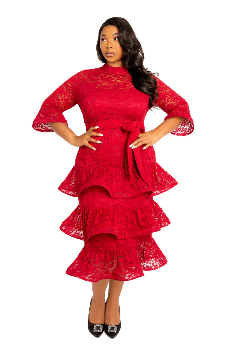 Buxom Couture Curvy Women Plus Size Lace Bell Sleeve Tiered Dress Burgundy Red