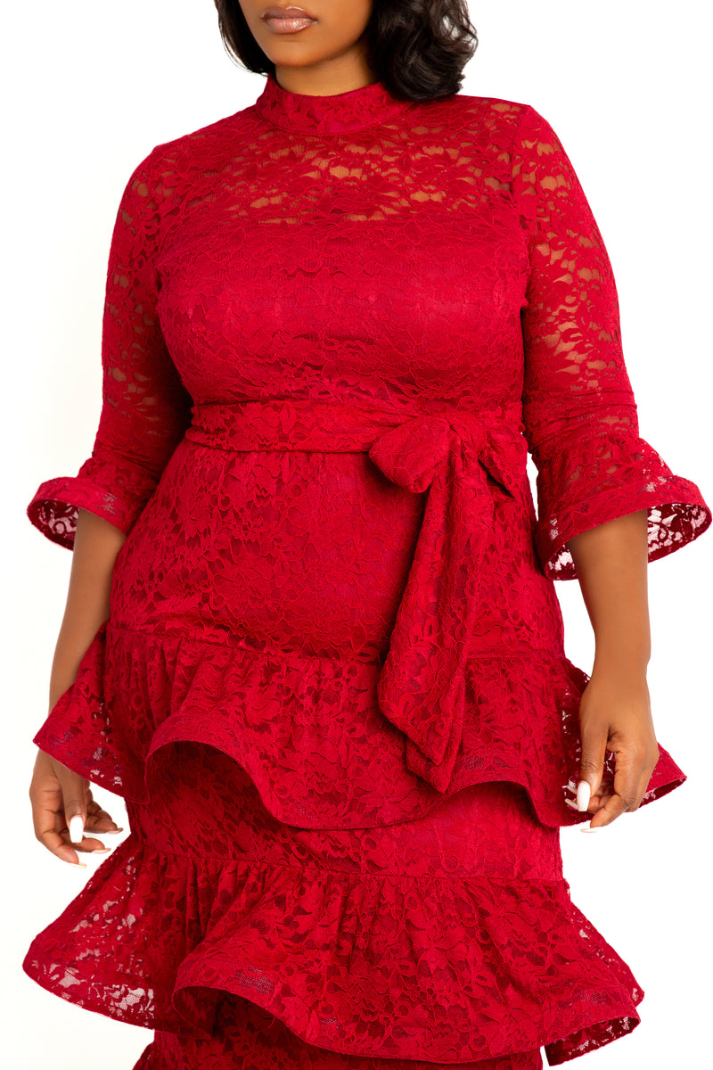 Buxom Couture Curvy Women Plus Size Lace Bell Sleeve Tiered Dress Burgundy Red