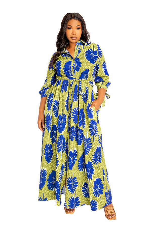 Buxom Couture Curvy Women Plus Size Tropical Print Maxi Shirt Dress Sage Multi