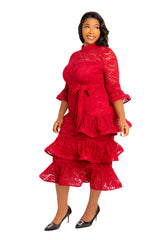 Buxom Couture Curvy Women Plus Size Lace Bell Sleeve Tiered Dress Burgundy Red