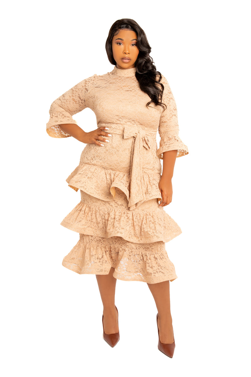 Buxom Couture Curvy Women Plus Size Lace Bell Sleeve Tiered Dress Khaki Beige