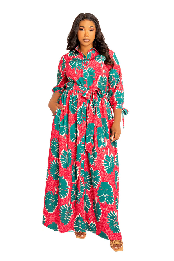 Buxom Couture Curvy Women Plus Size Tropical Print Maxi Shirt Dress Pink Multi