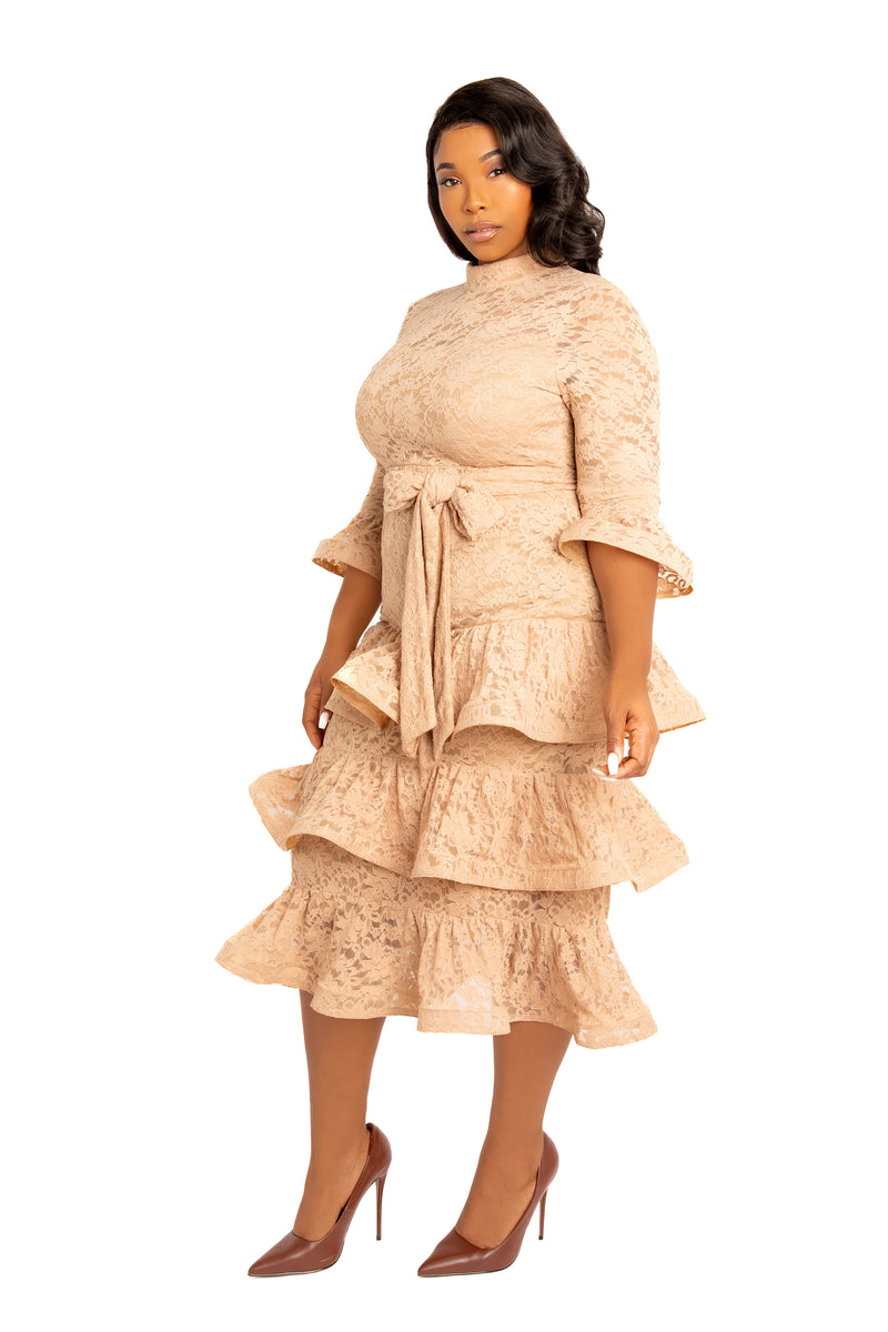 Buxom Couture Curvy Women Plus Size Lace Bell Sleeve Tiered Dress Khaki Beige