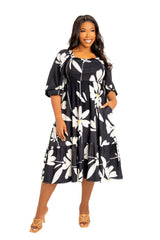 Buxom Couture Curvy Women Plus Size Floral Smocked Puff Sleeve Dress Black 