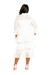 Buxom Couture Curvy Women Plus Size Lace Bell Sleeve Tiered Dress White