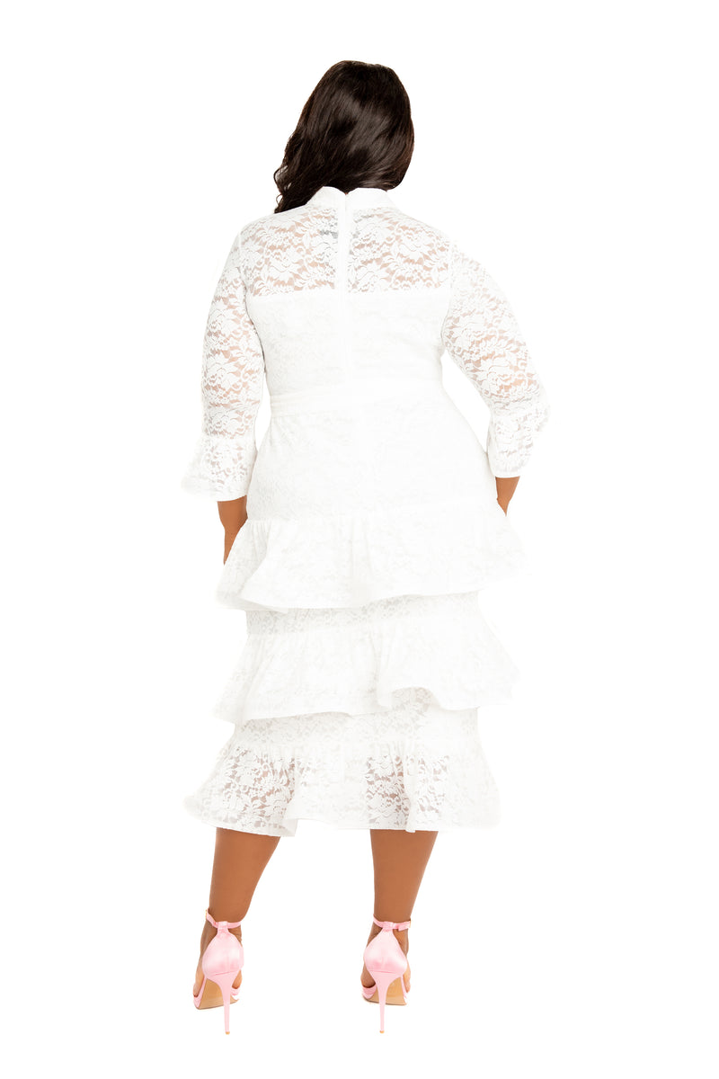 Buxom Couture Curvy Women Plus Size Lace Bell Sleeve Tiered Dress White