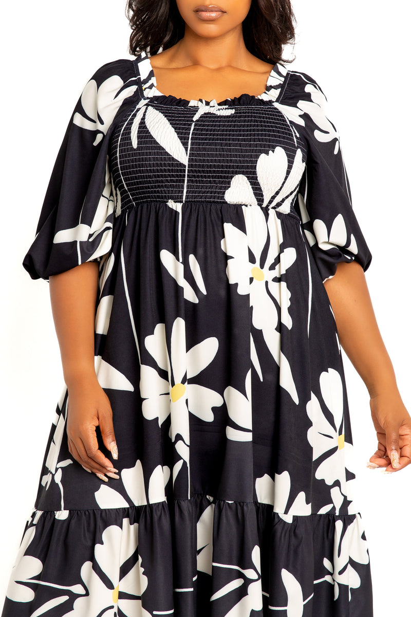 Buxom Couture Curvy Women Plus Size Floral Smocked Puff Sleeve Dress Black 