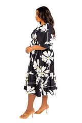 Buxom Couture Curvy Women Plus Size Floral Smocked Puff Sleeve Dress Black 