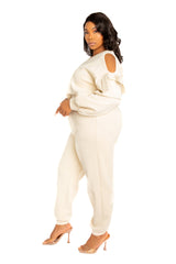 Buxom Couture Curvy Women Plus Size Cut-out Shoulder Scuba Lounge Set Beige