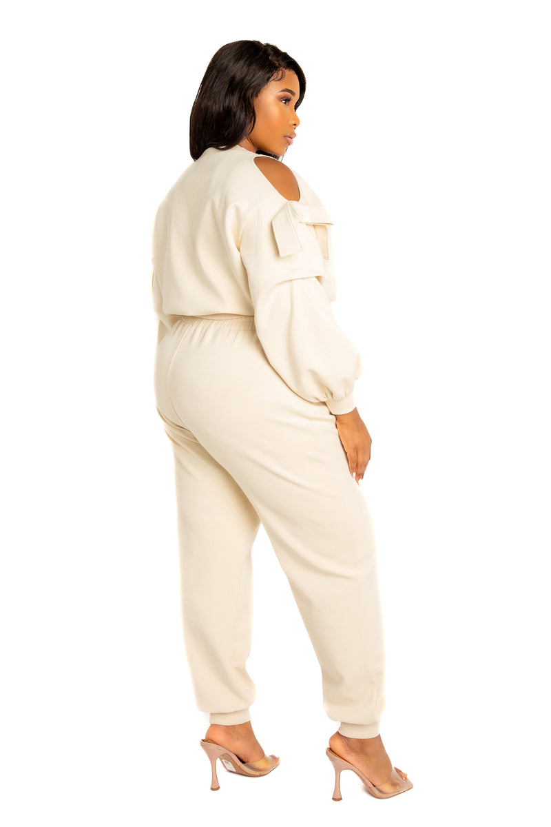 Buxom Couture Curvy Women Plus Size Cut-out Shoulder Scuba Lounge Set Beige