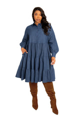 Denim Long Sleeve Tiered Shirt Dress