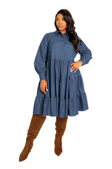 Denim Long Sleeve Tiered Shirt Dress