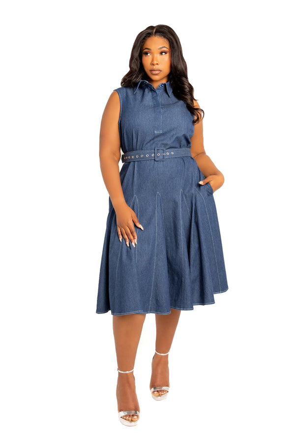 Buxom Couture Curvy Women Plus Size Sleeveless Denim Shirtdress with Contrasting Stitching Denim Blue