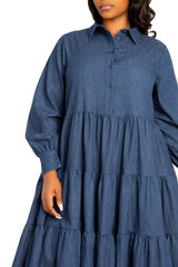 Denim Long Sleeve Tiered Shirt Dress