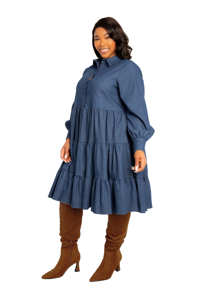 Denim Long Sleeve Tiered Shirt Dress