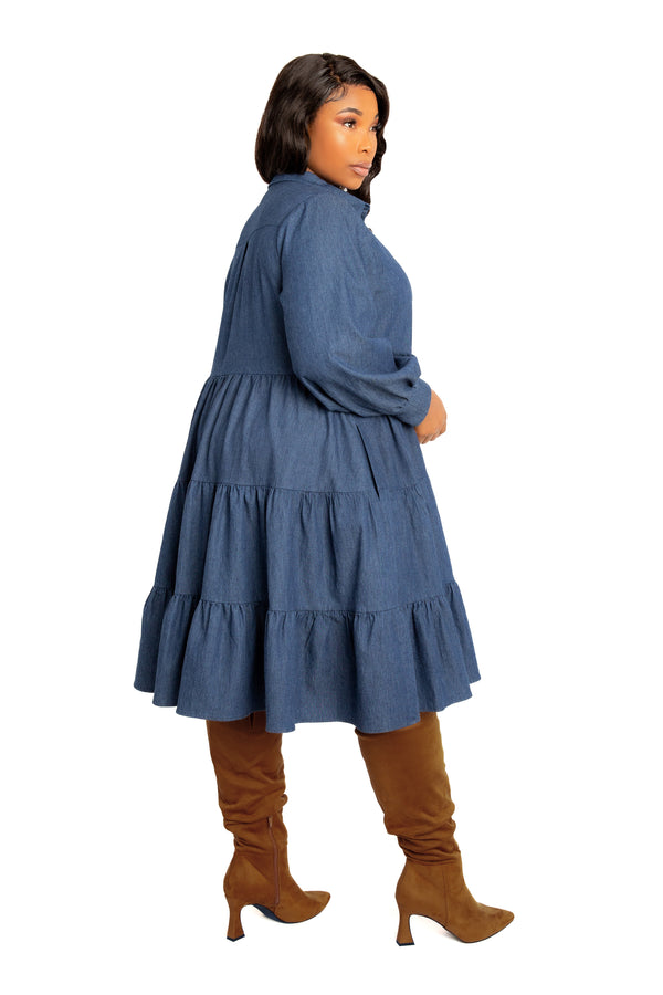 Denim Long Sleeve Tiered Shirt Dress