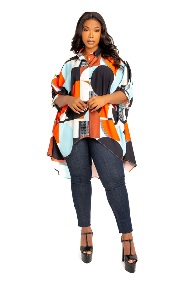 Buxom Couture Curvy Women Plus Size Geometric Print Flowy Hi lo Blouse Multi Orange