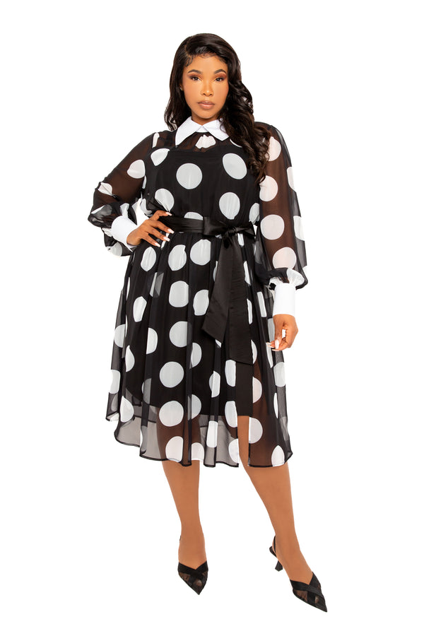 Contrast Collar Polka Dot Shirt Dress