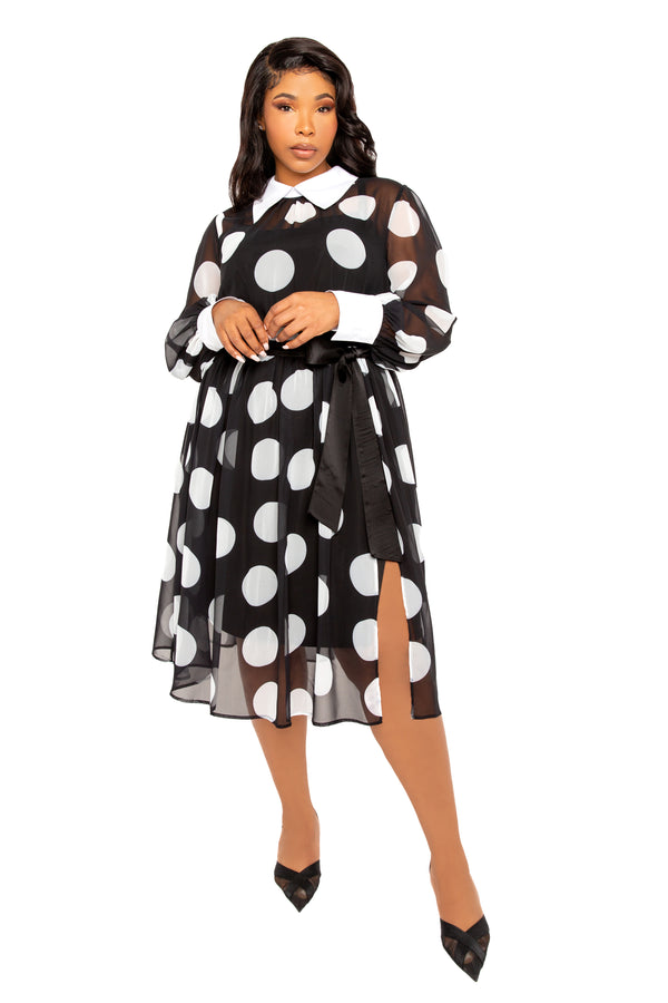 Contrast Collar Polka Dot Shirt Dress