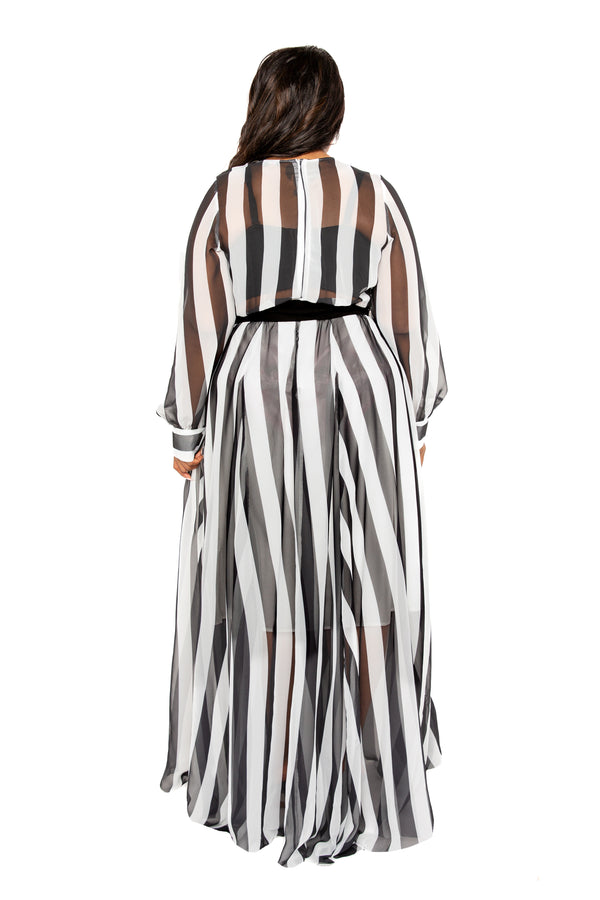 Buxom Couture Curvy Women Plus Size Stripe Surplice Maxi Dress Black and White