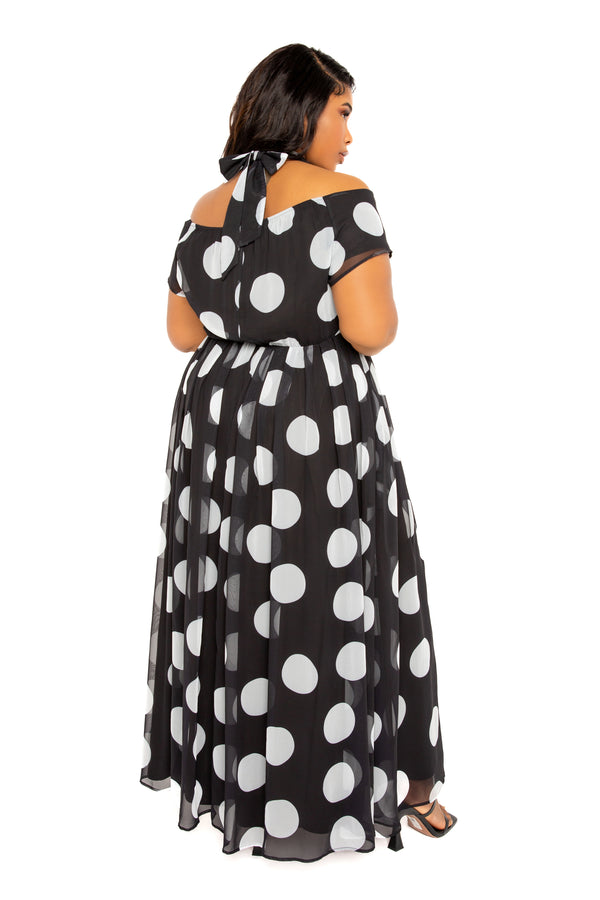 Buxom Couture Curvy Women Plus Size Polka Dot Halter Off Shoulder Maxi Dress Black and White Dot