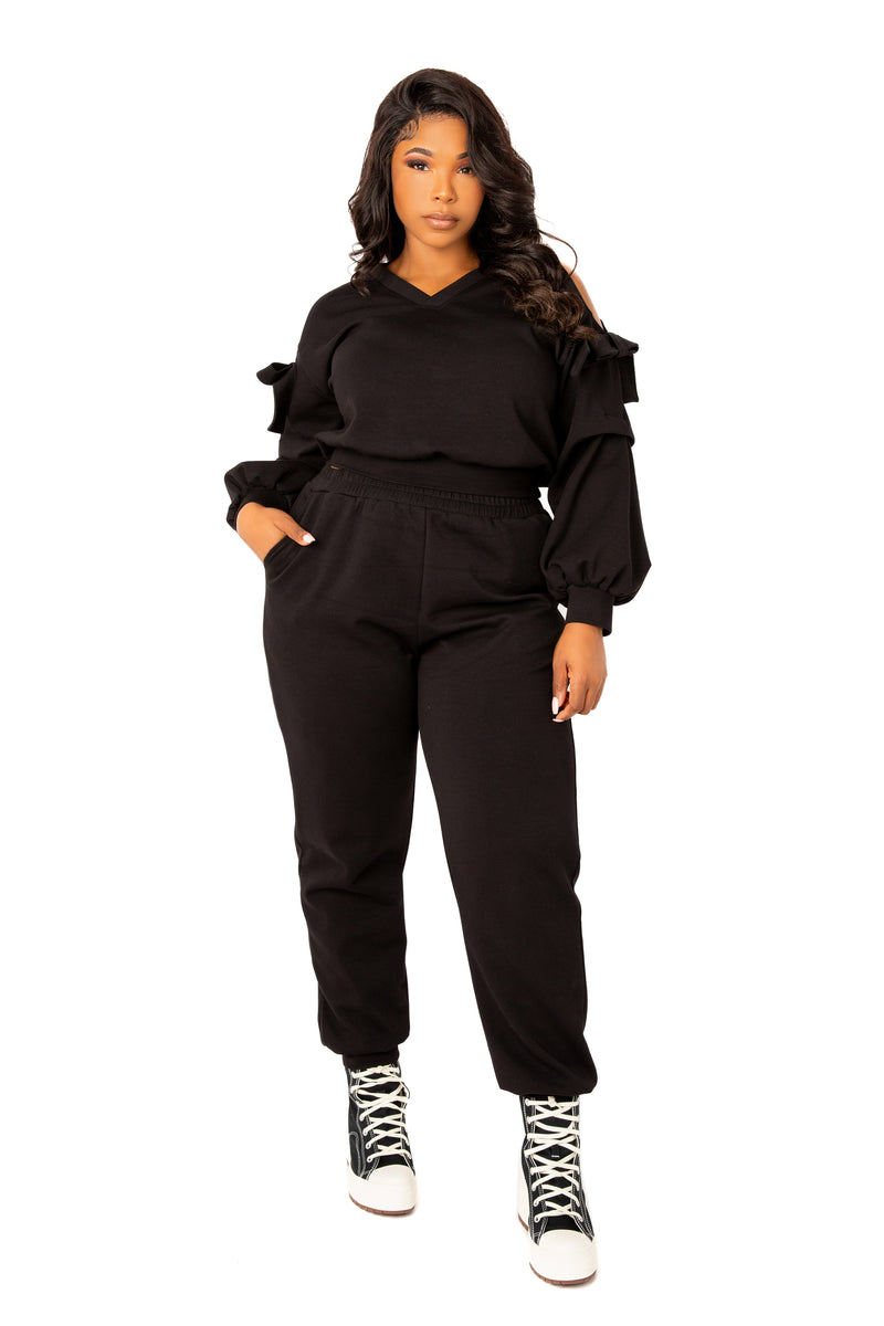 Buxom Couture Curvy Women Plus Size Cut-out Shoulder Scuba Lounge Set Black