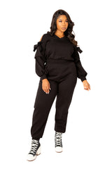 Buxom Couture Curvy Women Plus Size Cut-out Shoulder Scuba Lounge Set Black