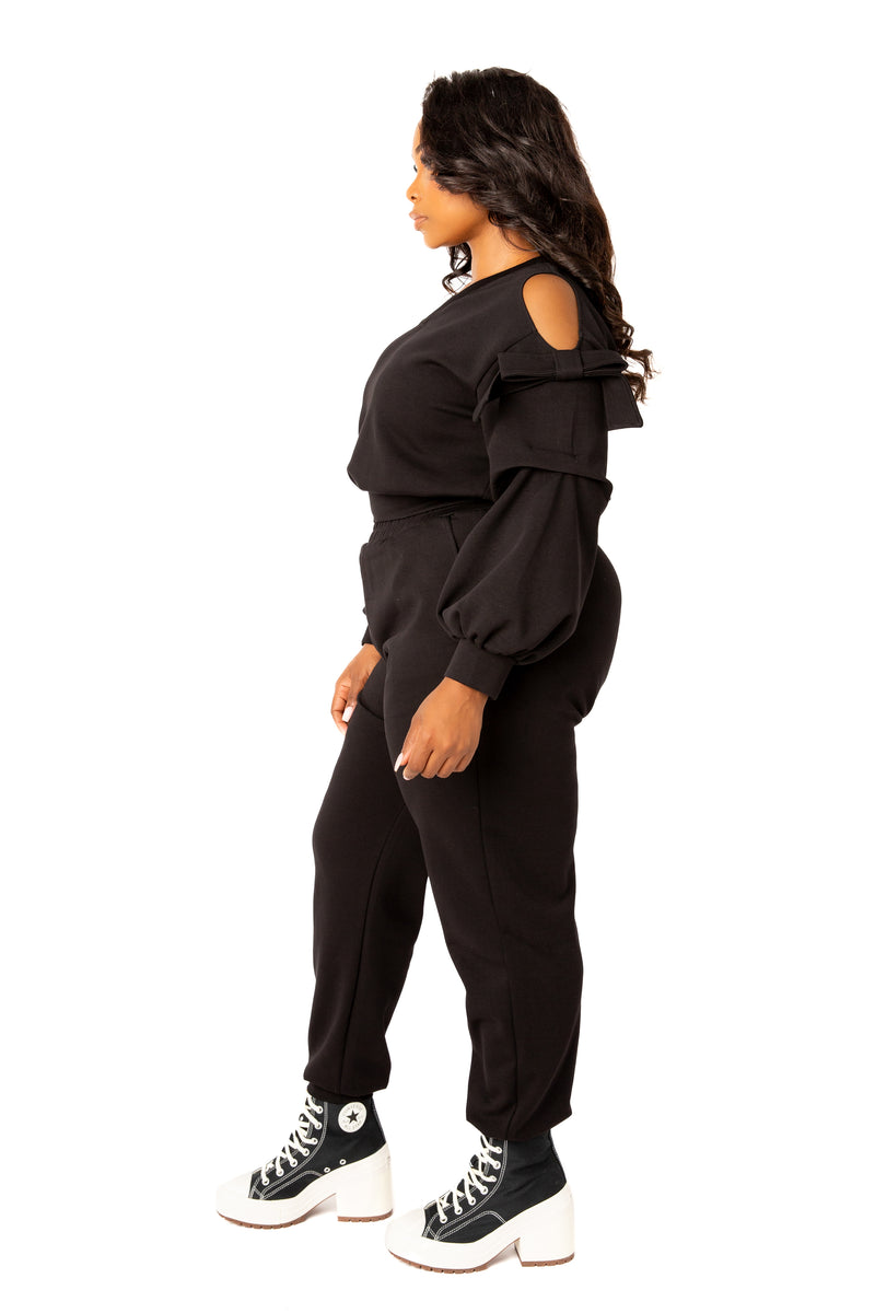 Buxom Couture Curvy Women Plus Size Cut-out Shoulder Scuba Lounge Set Black