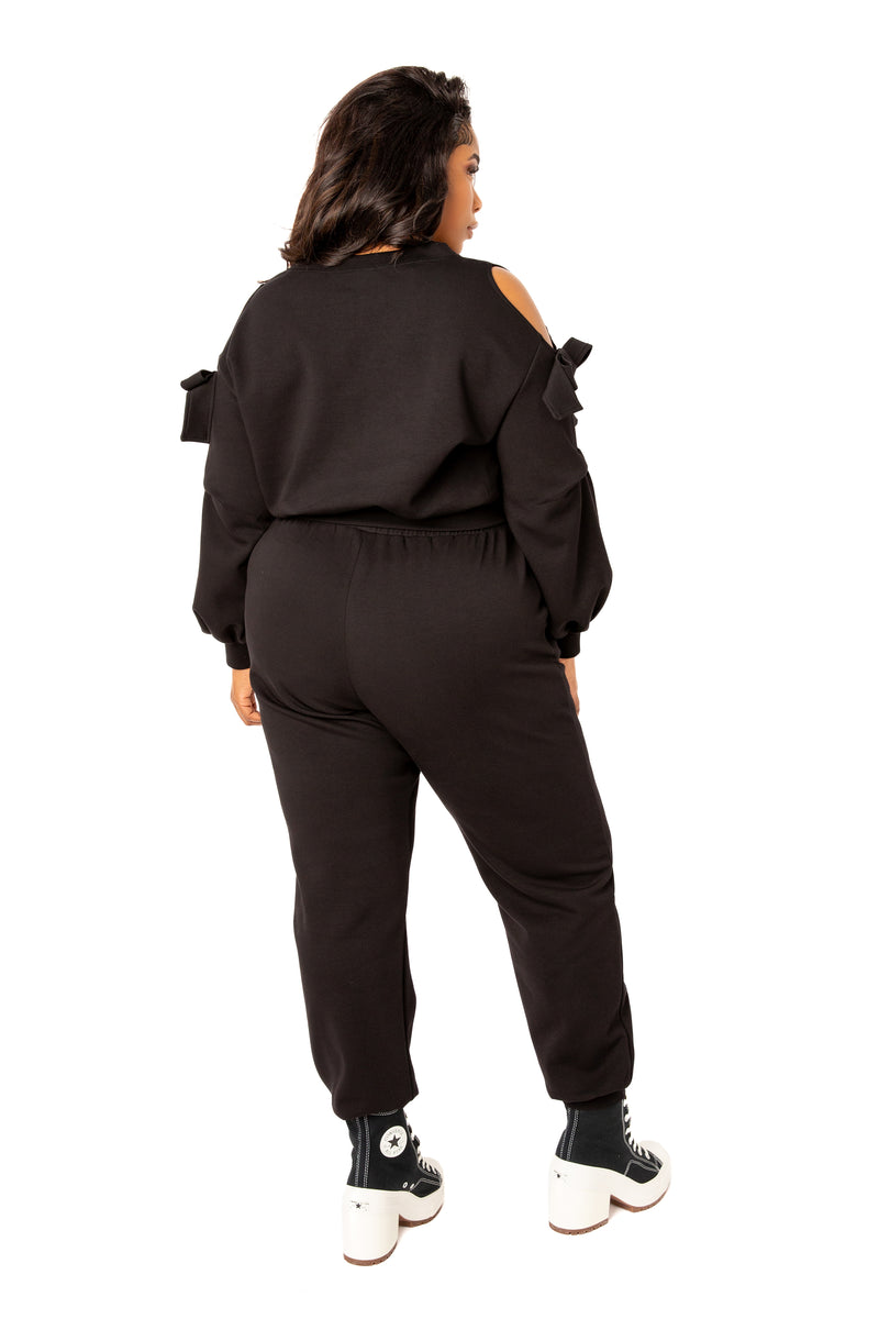 Buxom Couture Curvy Women Plus Size Cut-out Shoulder Scuba Lounge Set Black