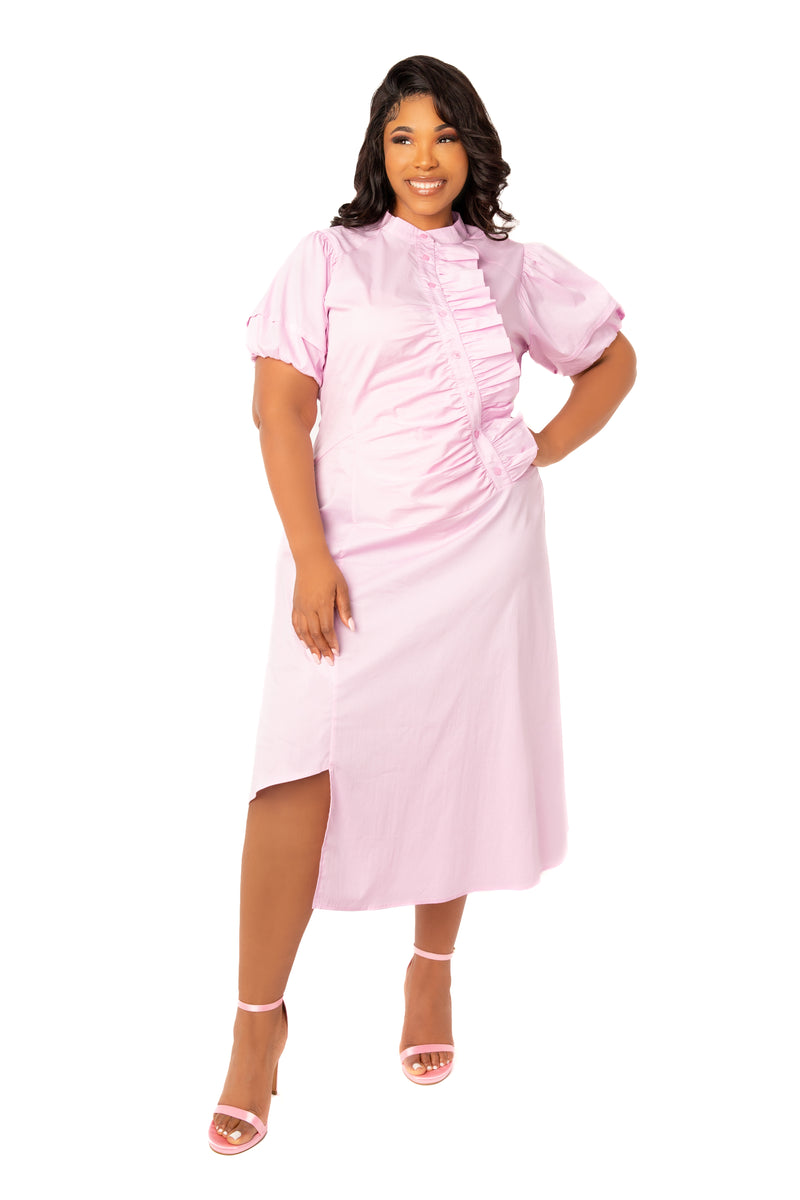 Buxom Couture Curvy Women Plus Size Asymmetrical Ruffle Shirt Dress Violet Light Pink