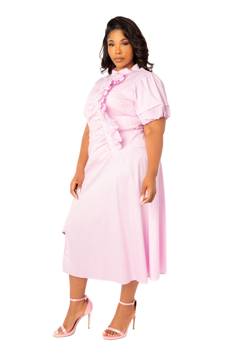 Buxom Couture Curvy Women Plus Size Asymmetrical Ruffle Shirt Dress Violet Light Pink