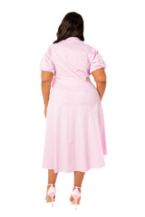 Buxom Couture Curvy Women Plus Size Asymmetrical Ruffle Shirt Dress Violet Light Pink