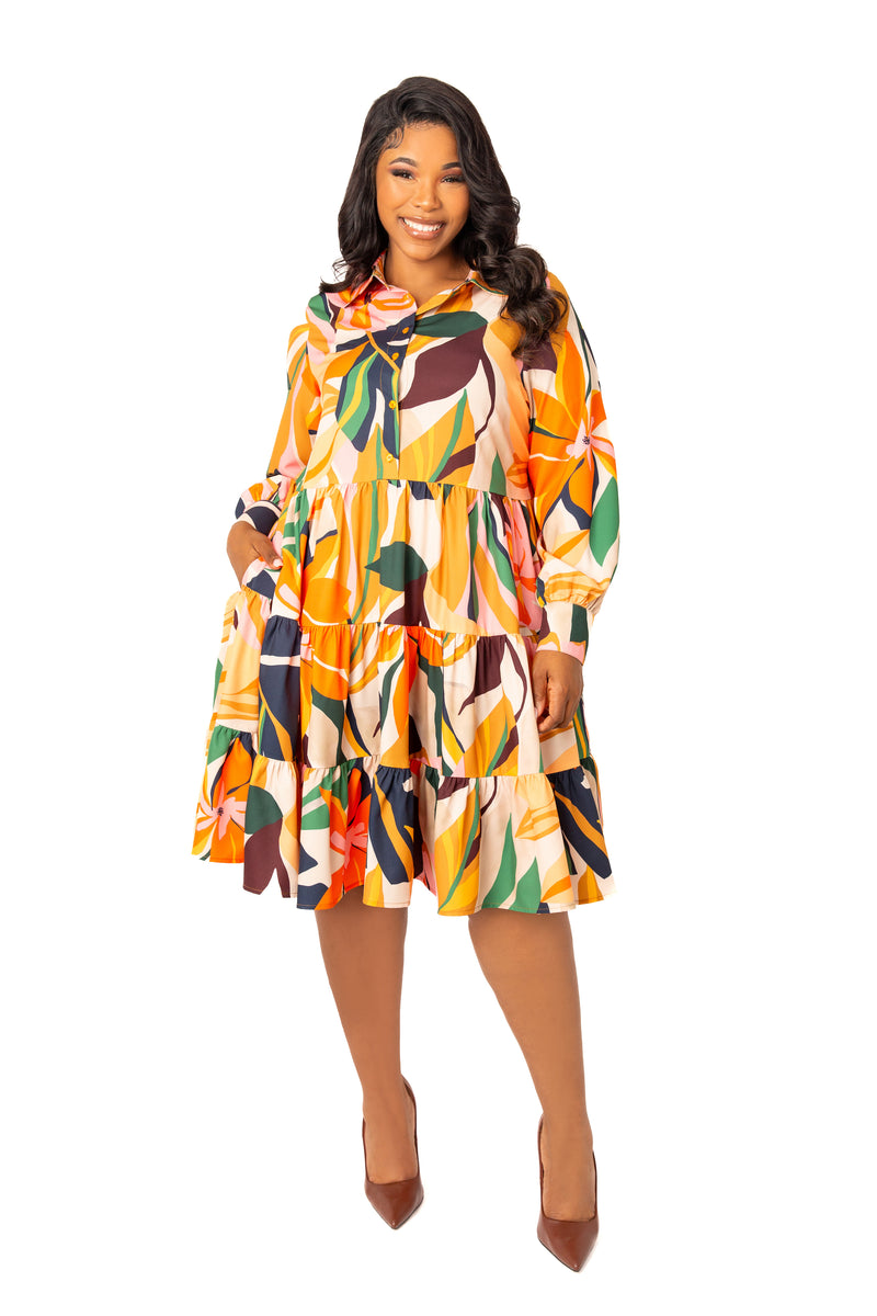 Buxom Couture Curvy Women Plus Size Floral Long Sleeve Tiered Shirt Dress Beige Multi