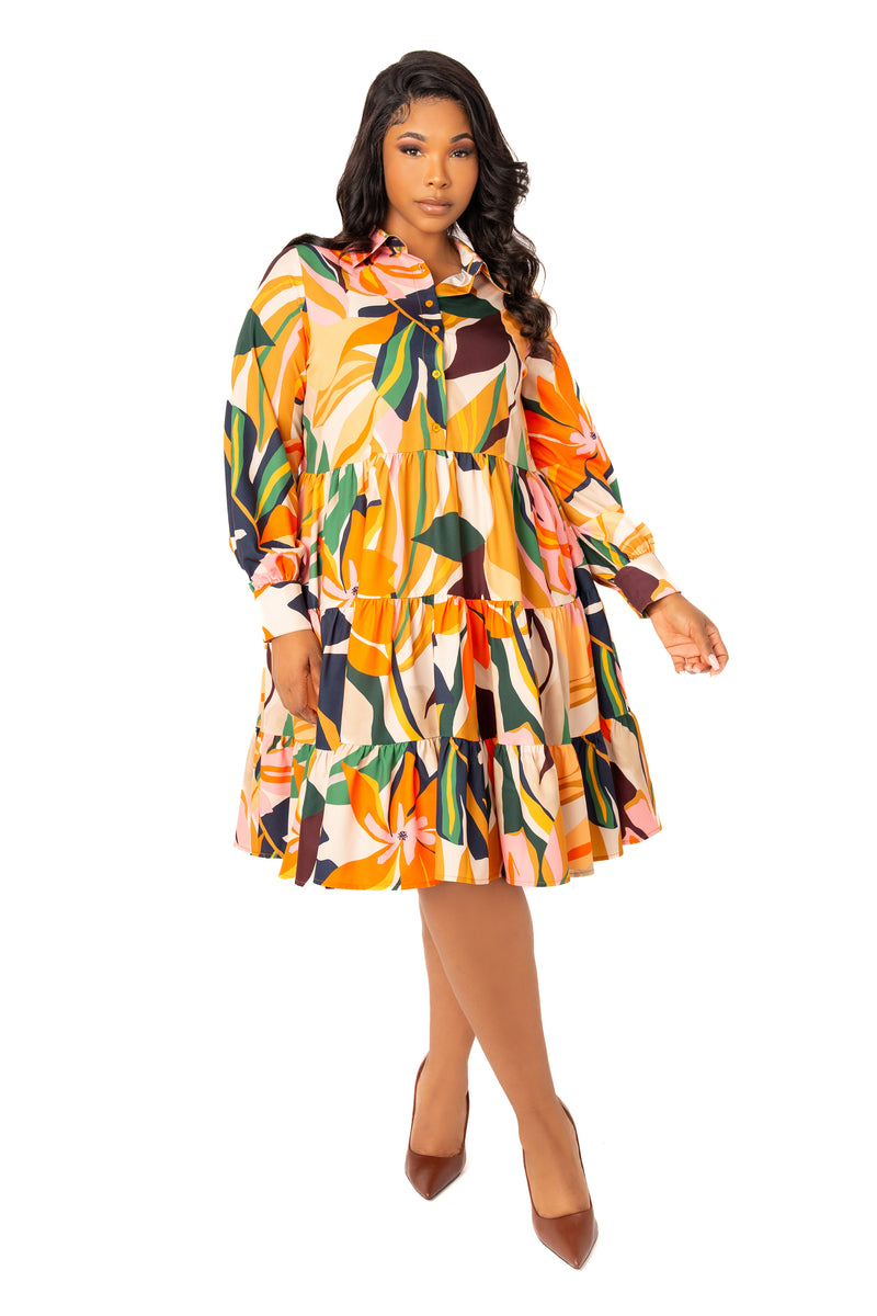 Buxom Couture Curvy Women Plus Size Floral Long Sleeve Tiered Shirt Dress Beige Multi