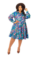 Buxom Couture Curvy Women Plus Size Floral Long Sleeve Tiered Shirt Dress Teal Multi