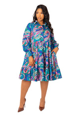 Buxom Couture Curvy Women Plus Size Floral Long Sleeve Tiered Shirt Dress Teal Multi