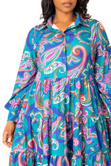 Buxom Couture Curvy Women Plus Size Floral Long Sleeve Tiered Shirt Dress Teal Multi