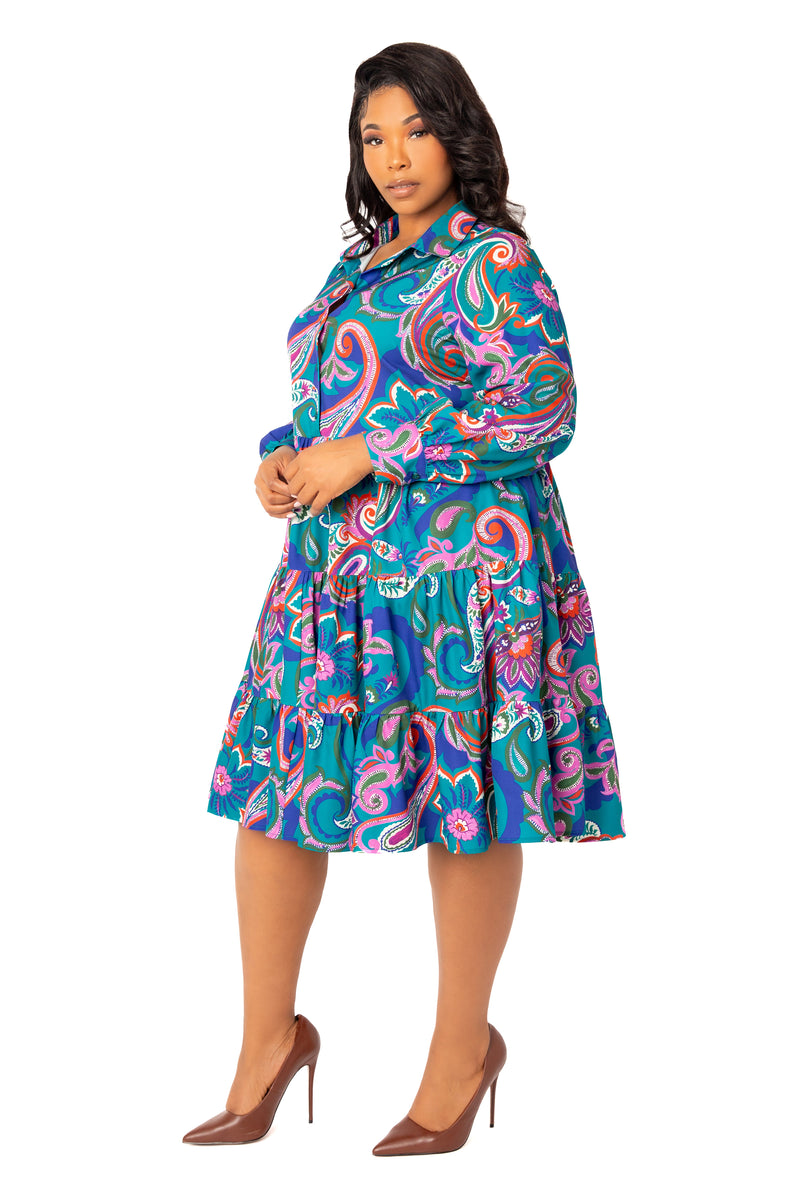 Buxom Couture Curvy Women Plus Size Floral Long Sleeve Tiered Shirt Dress Teal Multi