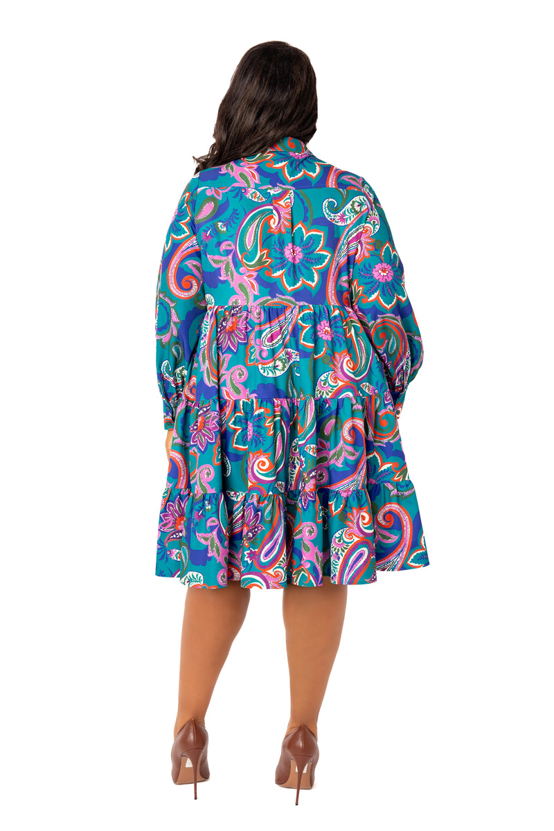 Buxom Couture Curvy Women Plus Size Floral Long Sleeve Tiered Shirt Dress Teal Multi