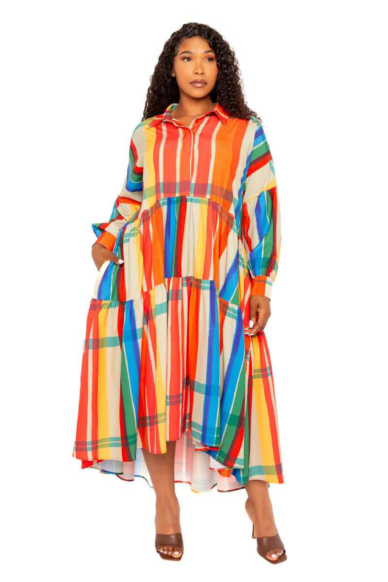 Buxom Couture Curvy Women Plus Size Plaid Puff Sleeve Tiered Shirt Dress Rust Multi