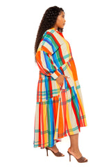 Buxom Couture Curvy Women Plus Size Plaid Puff Sleeve Tiered Shirt Dress Rust Multi