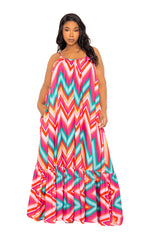 Buxom Couture Curvy Women Plus Size Chevron Print Voluminous Maxi Dress Pink Multi