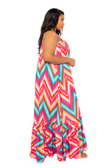 Buxom Couture Curvy Women Plus Size Chevron Print Voluminous Maxi Dress Pink Multi